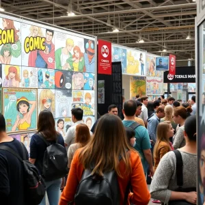 Comic art booth filled with colorful prints and characters at SDCC