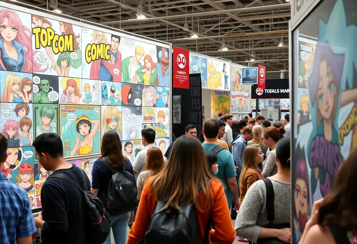 Comic art booth filled with colorful prints and characters at SDCC