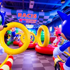Sonic themed racing event with decorations and racers