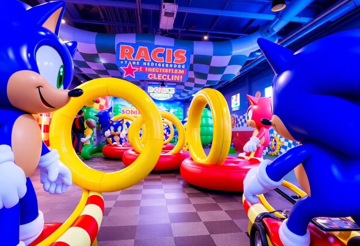 Sonic themed racing event with decorations and racers