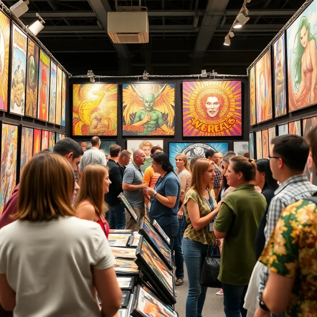 Spoke Art booth featuring colorful artwork and fans at San Diego Comic-Con