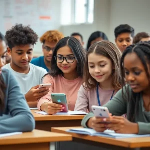 Students learning in a classroom without phones