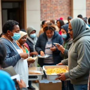 Community gathering providing support services to homeless individuals in San Diego.