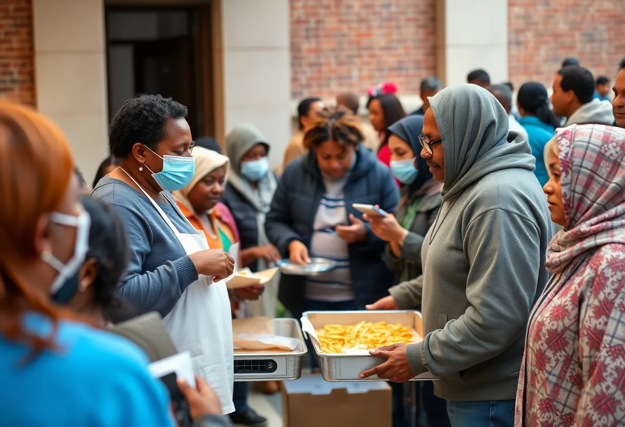 Community gathering providing support services to homeless individuals in San Diego.
