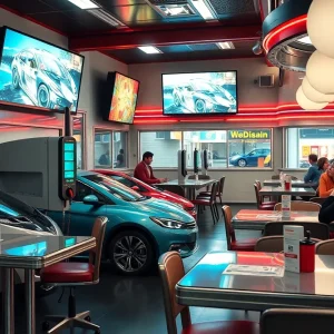 Interior of Tesla Diner showcasing electric vehicle charging stations and large screens with a robot serving popcorn.