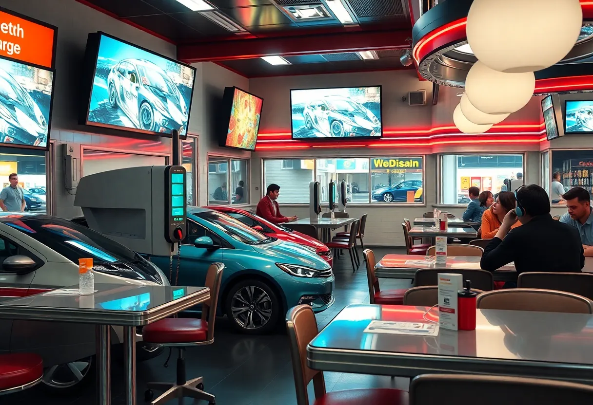 Interior of Tesla Diner showcasing electric vehicle charging stations and large screens with a robot serving popcorn.