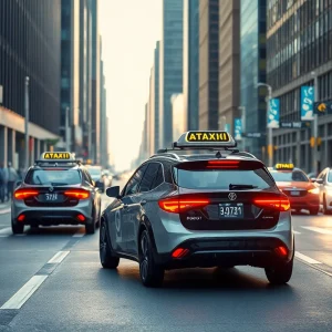 Autonomous Tesla robotaxis on a busy city street with human drivers.