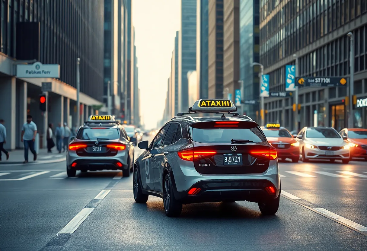 Autonomous Tesla robotaxis on a busy city street with human drivers.