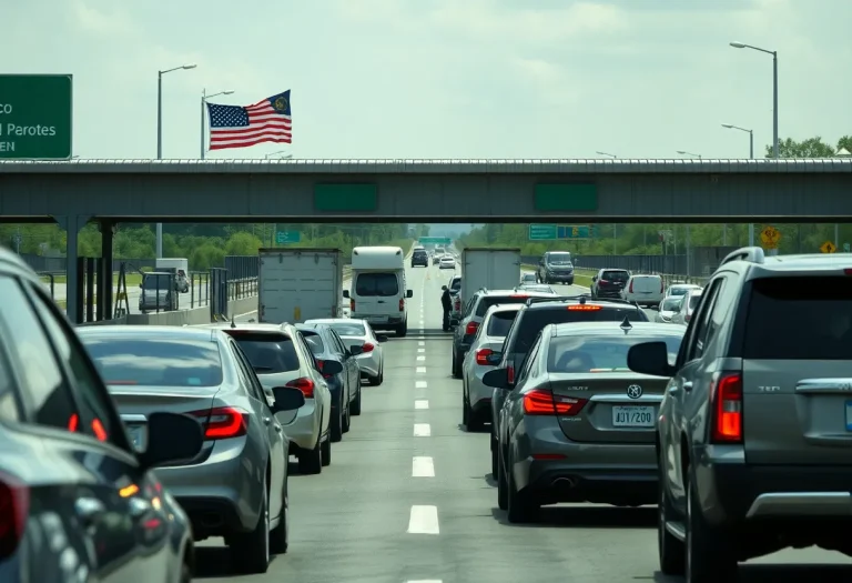 Border officers inspecting vehicles at the U.S.-Mexico border