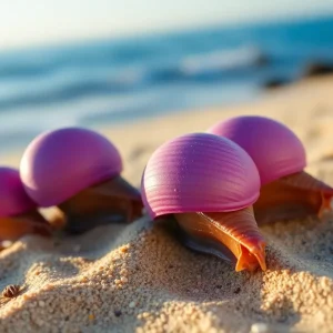 Close-up of violet sea snails on the beach