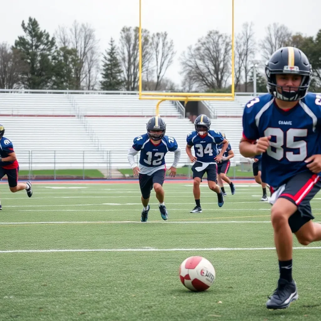 Young football players practicing on the field showcasing teamwork and dedication.