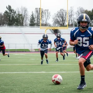 Young football players practicing on the field showcasing teamwork and dedication.