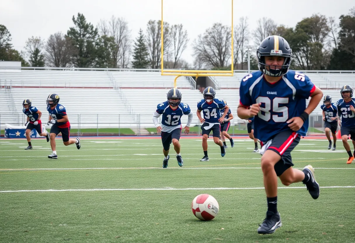 Young football players practicing on the field showcasing teamwork and dedication.