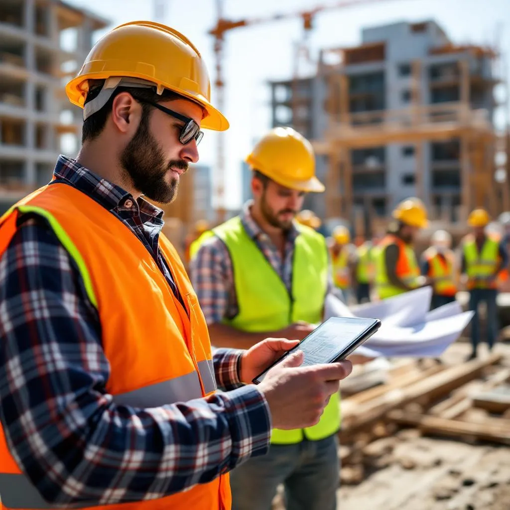 Construction workers using ERP technology on site in San Diego.