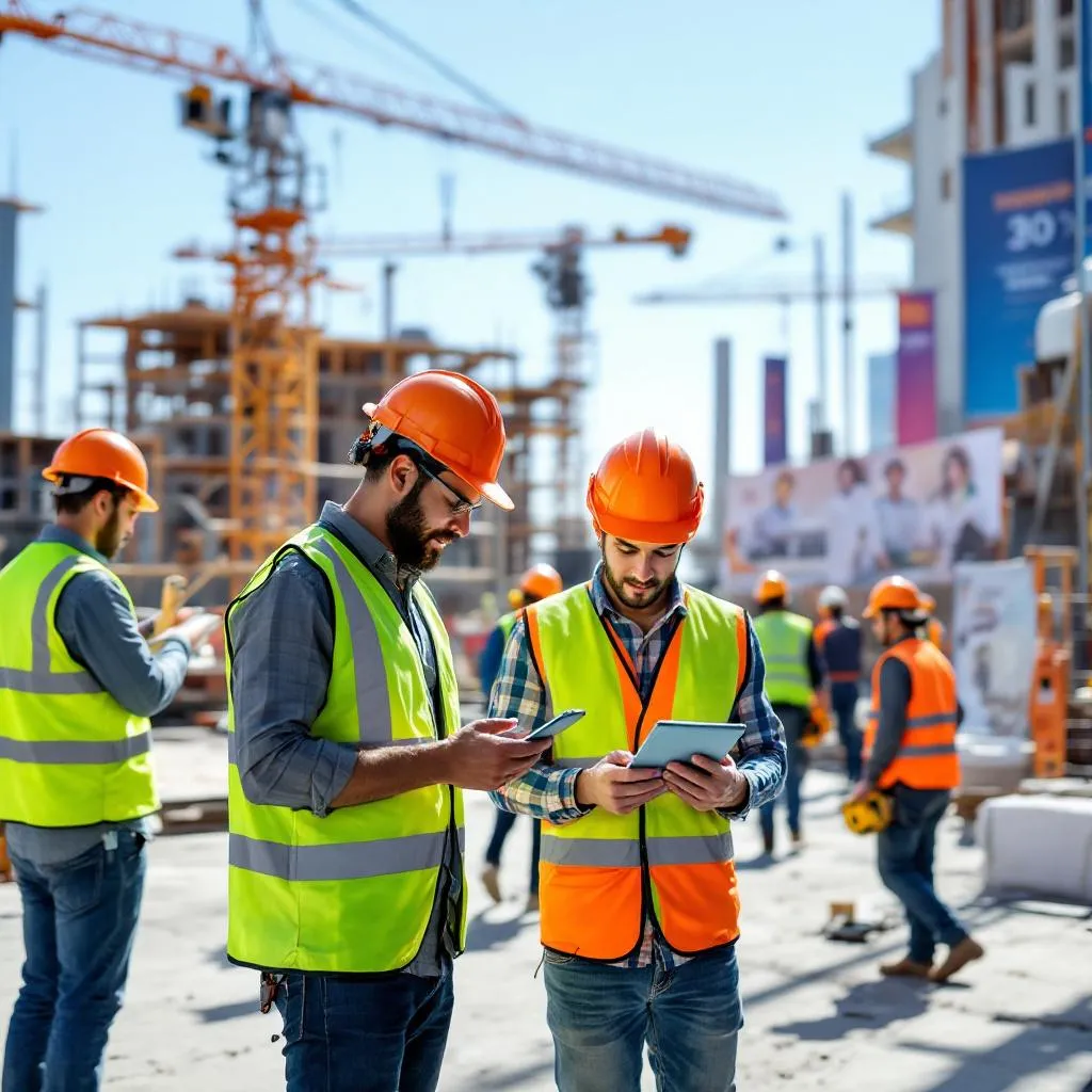 Construction workers in San Diego using technology on site