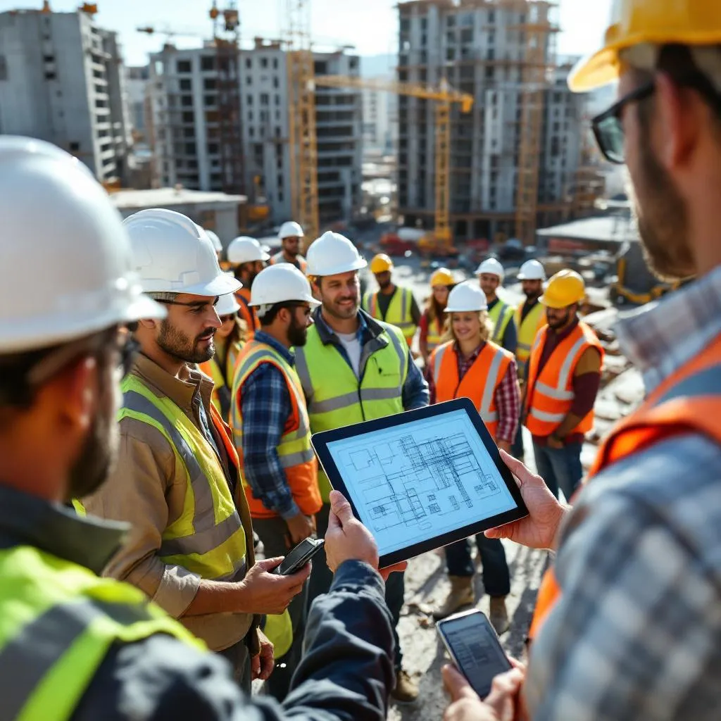 Construction workers in San Diego using an ERP system on a job site.
