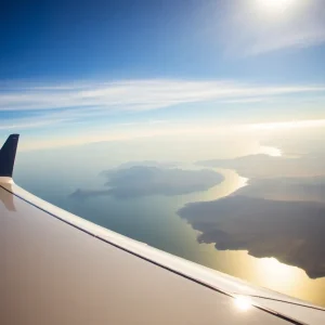 Alaska Airlines airplane flying over California scenery
