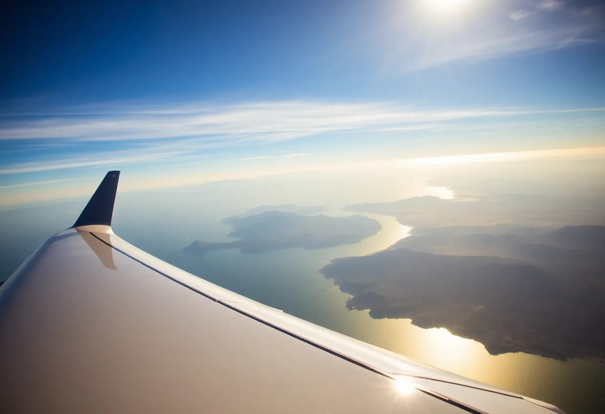 Alaska Airlines airplane flying over California scenery