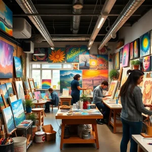 Art studio with community members creating art together.
