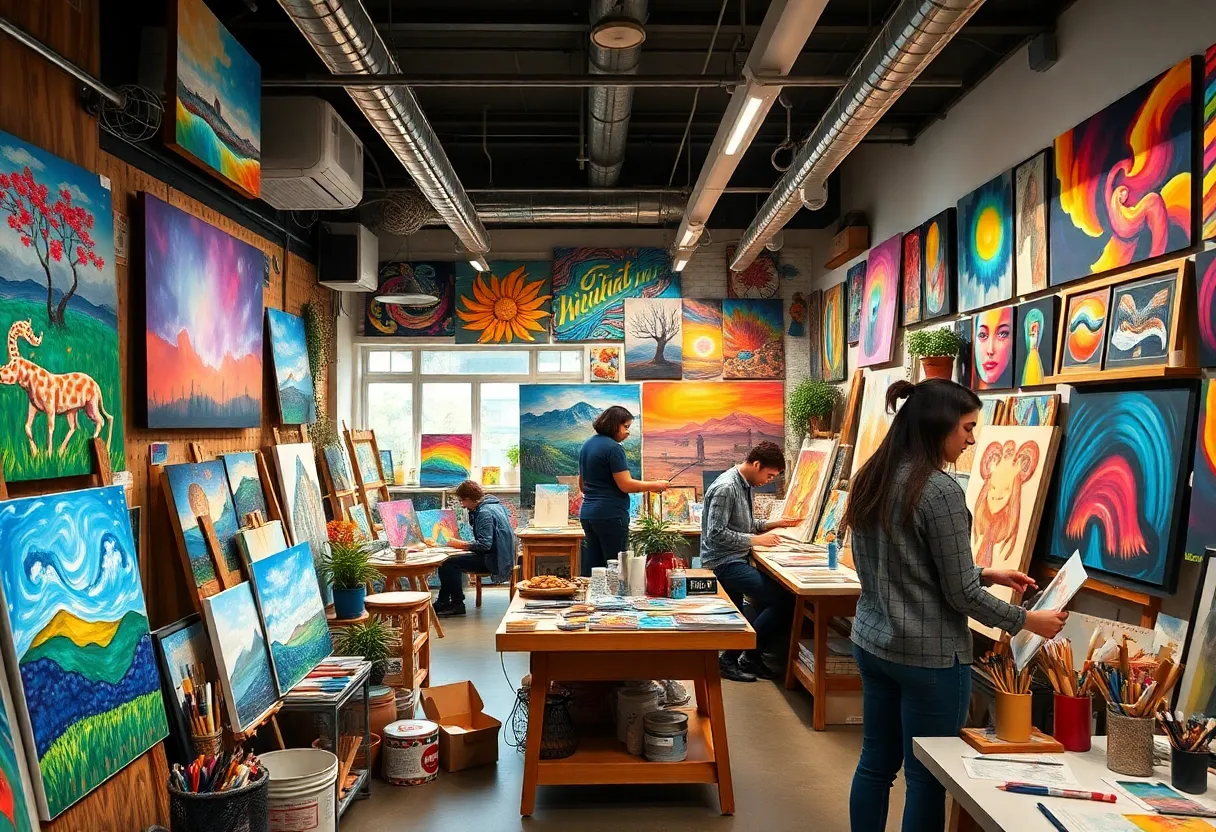 Art studio with community members creating art together.