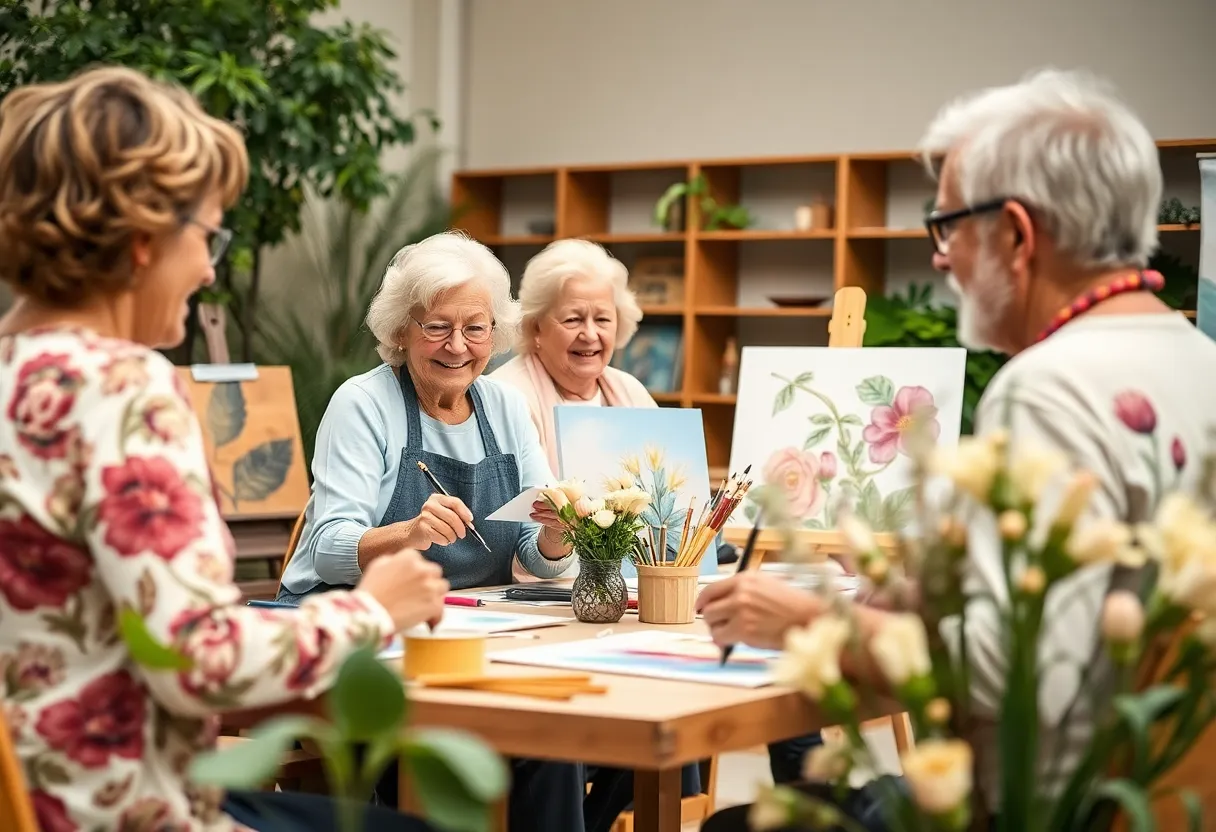 Seniors participating in an art class with a focus on creativity and well-being.