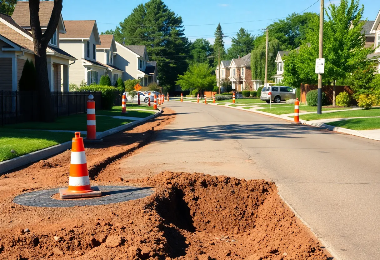 Construction area on Bayside Lane with heavy machinery and traffic signs.
