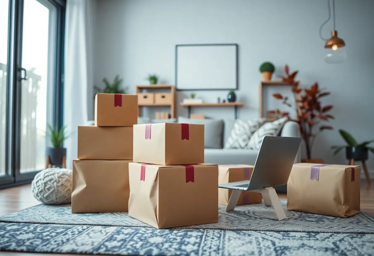 Online shopping experience with delivery packages in a home setting