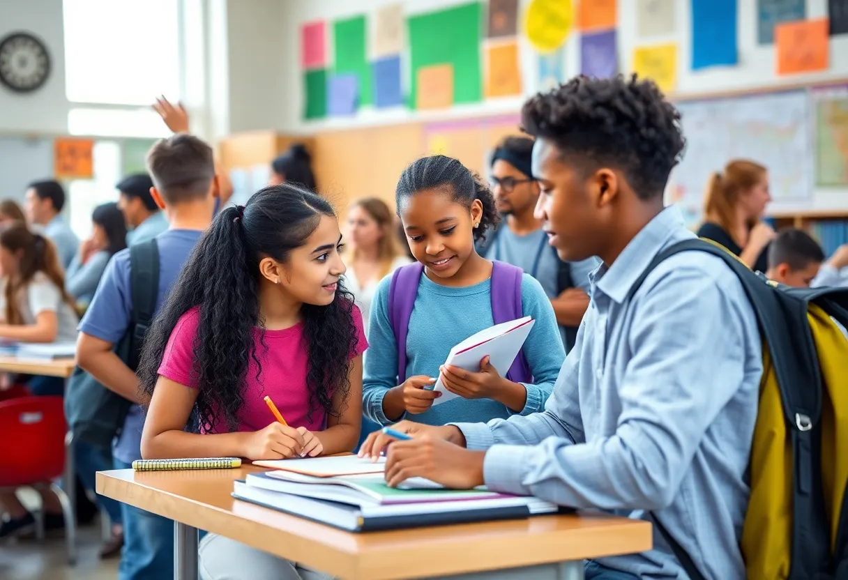 Students engaging in classroom activities at a high school