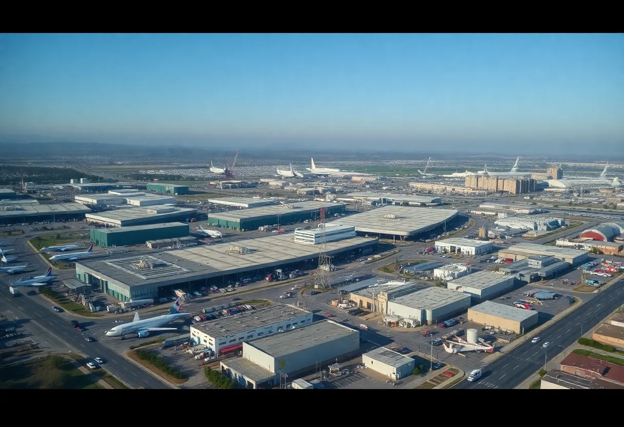 A vibrant aerospace manufacturing complex in California with advanced technology.