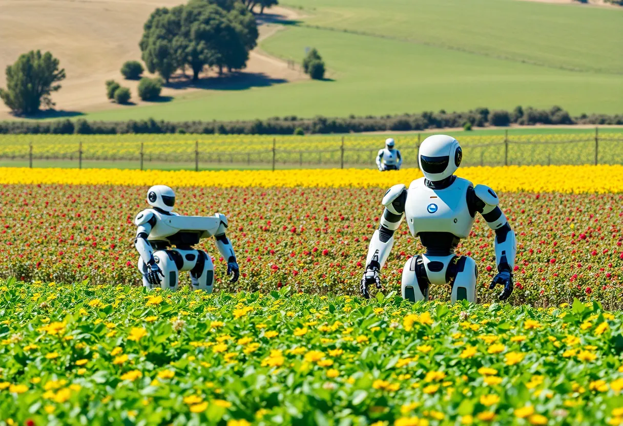 Robots working in California farmland alongside human workers.
