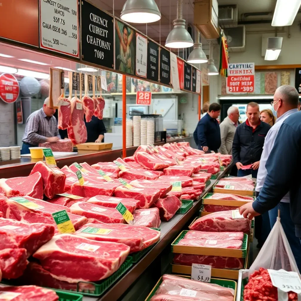 A bustling meat market in California with beef cuts on display.