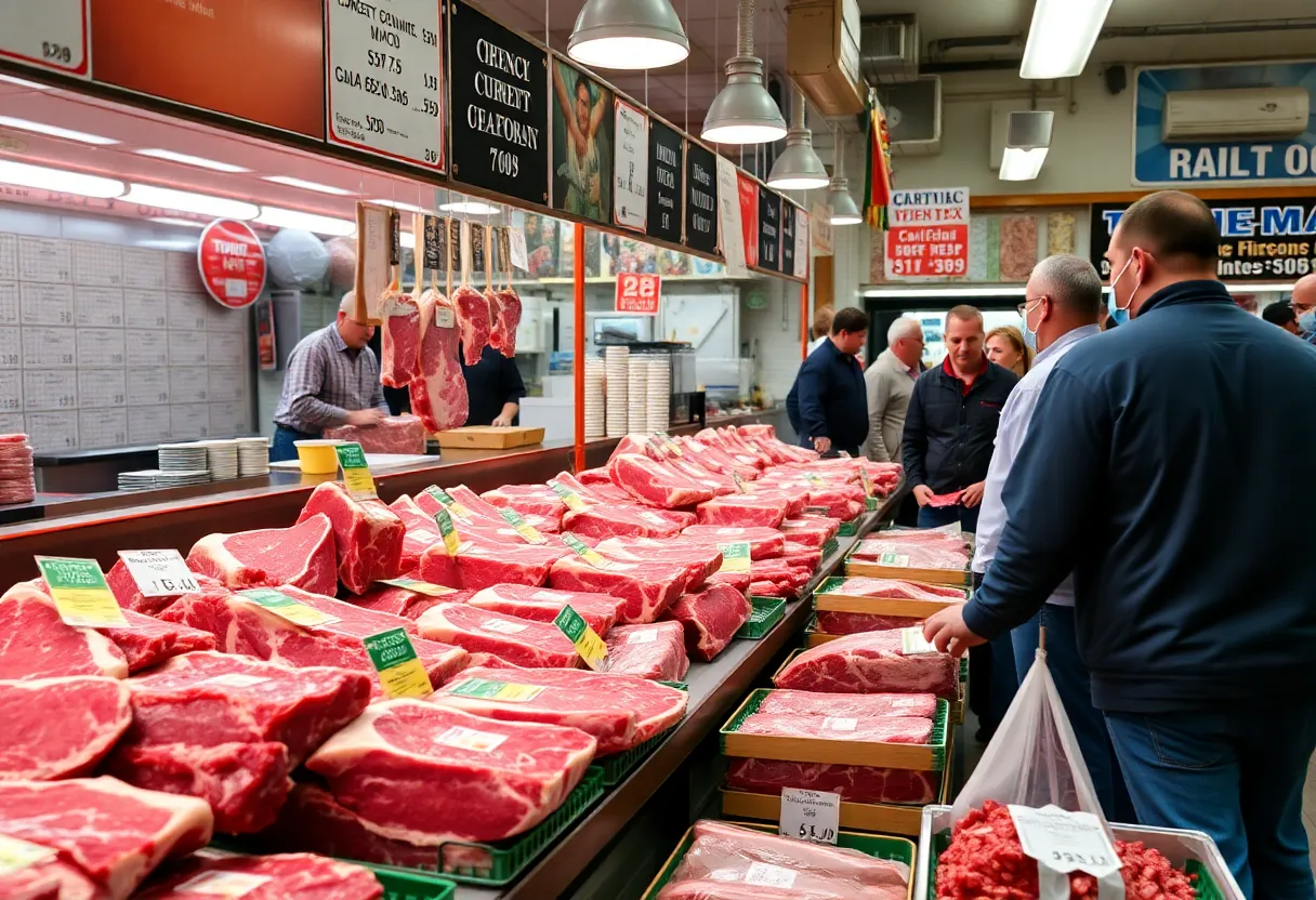 A bustling meat market in California with beef cuts on display.