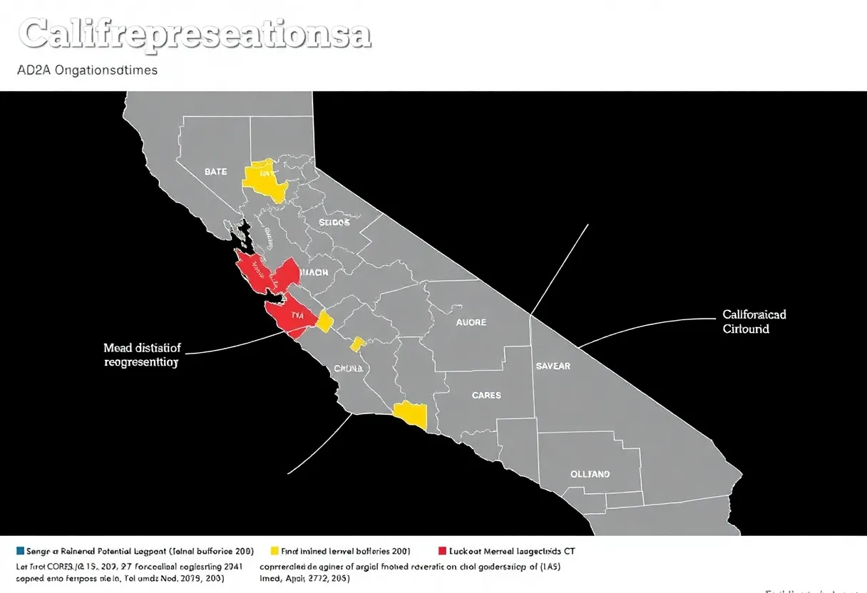 Illustration of California's congressional map showing proposed redistricting changes.