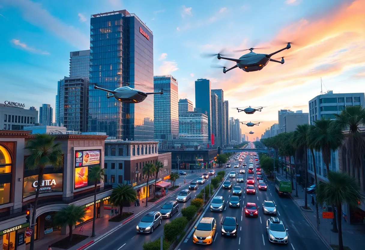 A cityscape of California with flying taxis and bustling activity