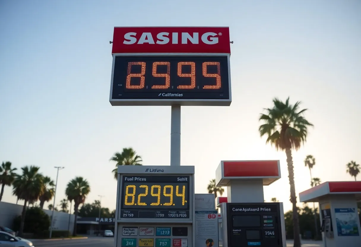 Display of rising gas prices at a California gas station.