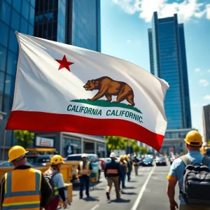 California state flag with a busy urban environment in the background