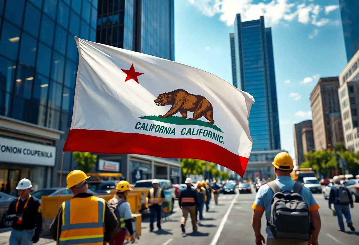 California state flag with a busy urban environment in the background