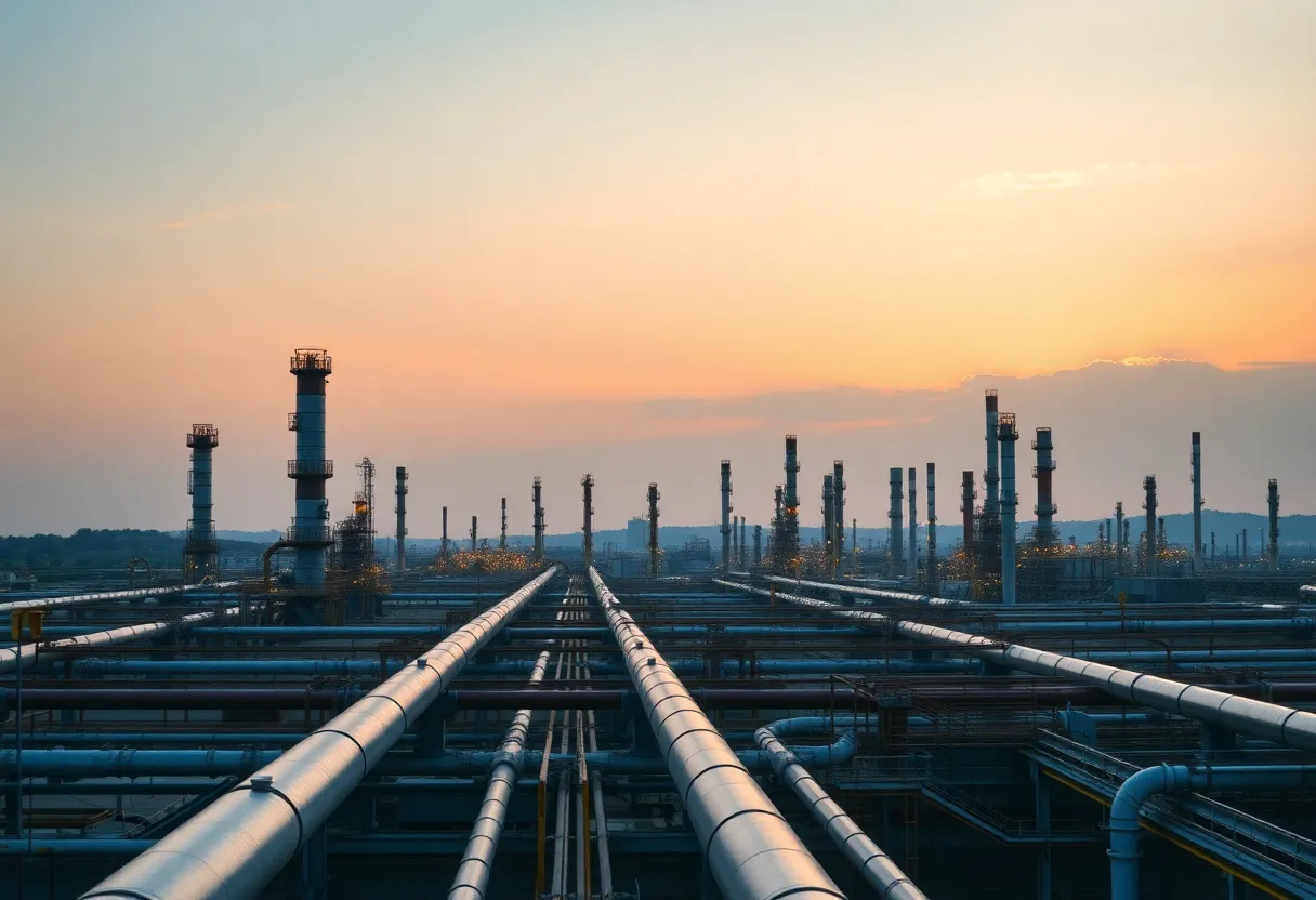 View of oil refineries in California at sunset