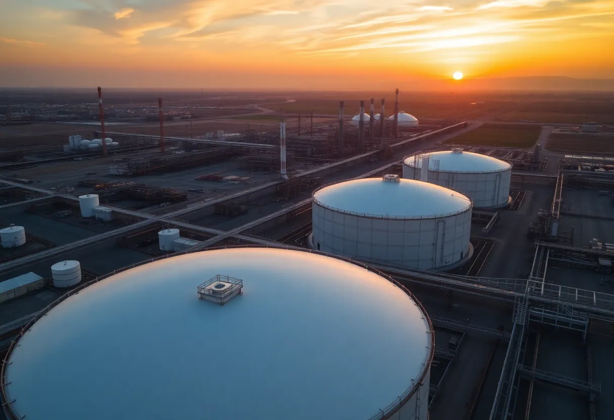 Aerial view of an oil refinery in California during sunset.