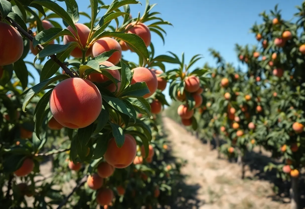 Aerial view of a peach farm in California showing healthy and stressed peach trees.