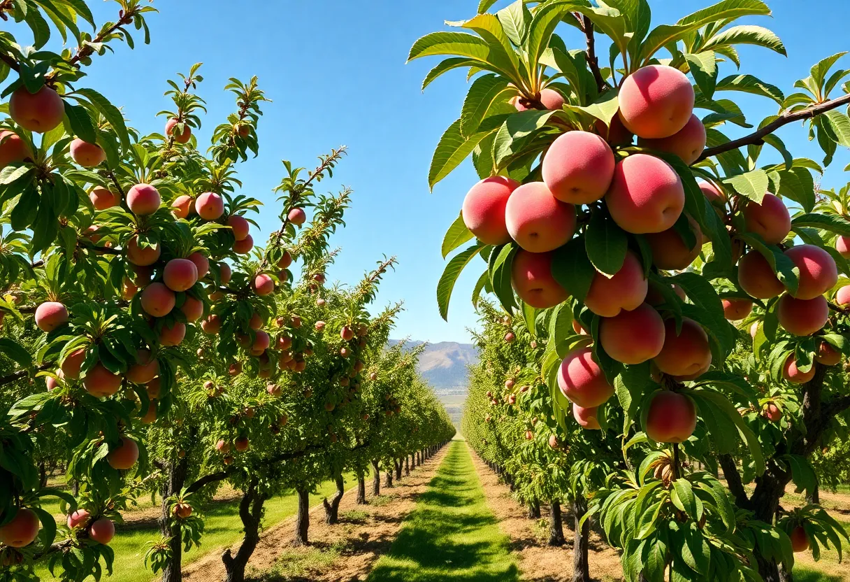 Orchard with ripe peaches in California