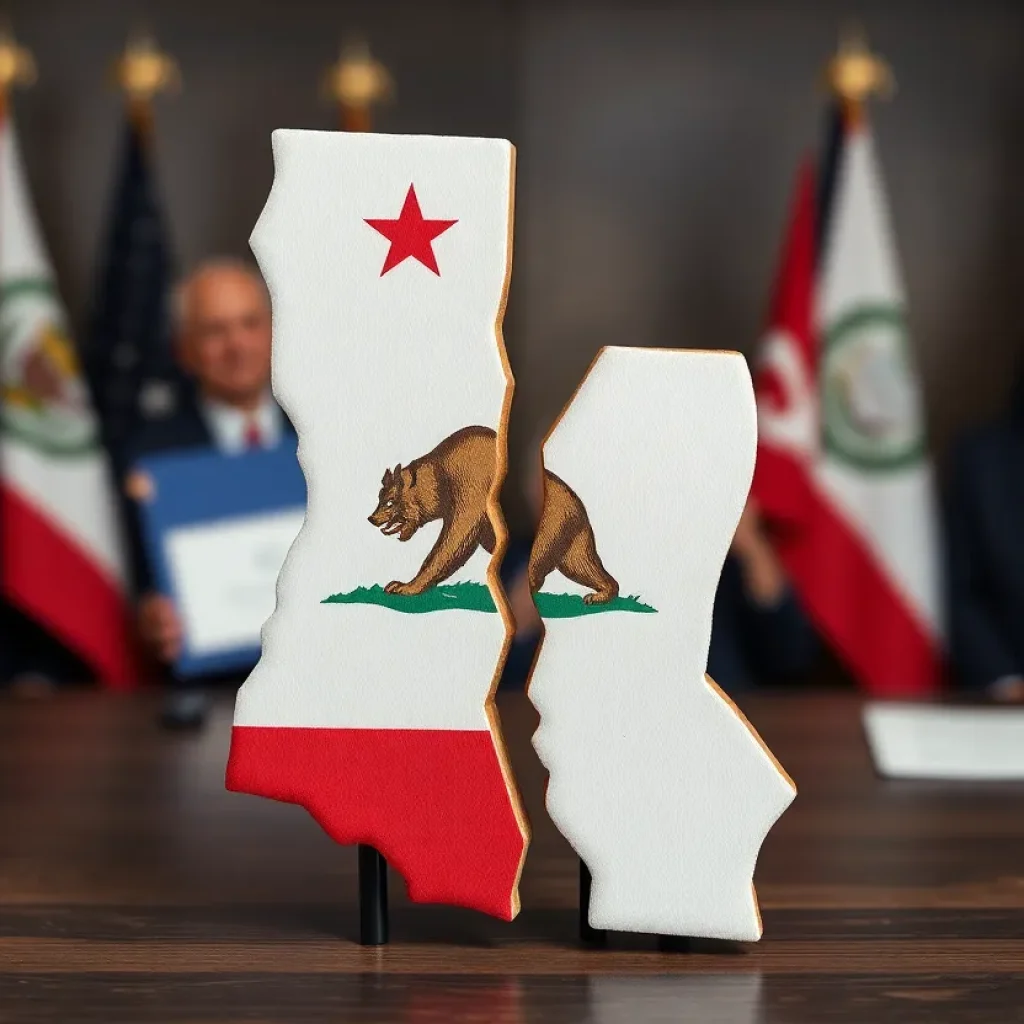 Illustration of California's political climate with symbolic elements of secession and financial struggles.