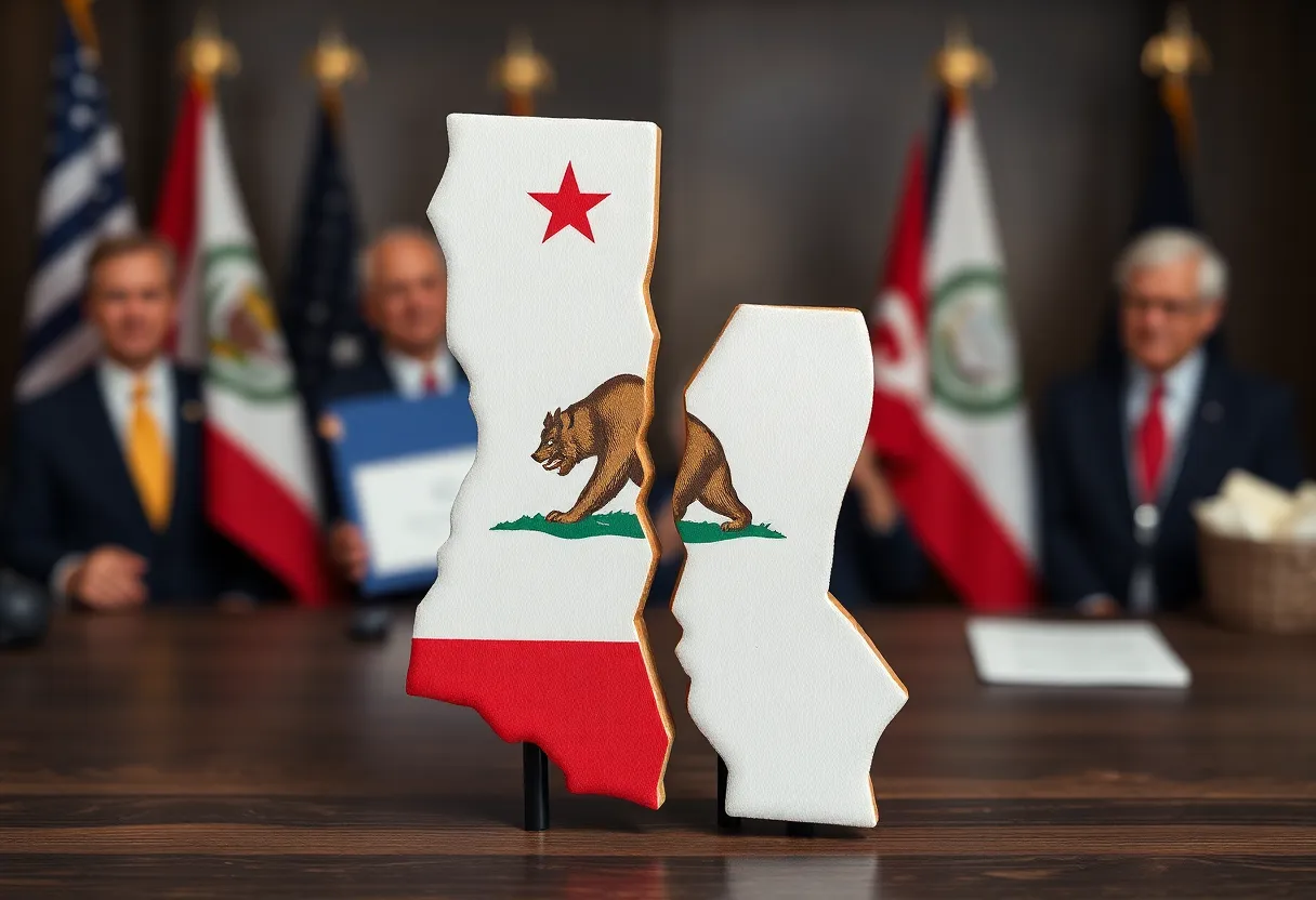 Illustration of California's political climate with symbolic elements of secession and financial struggles.
