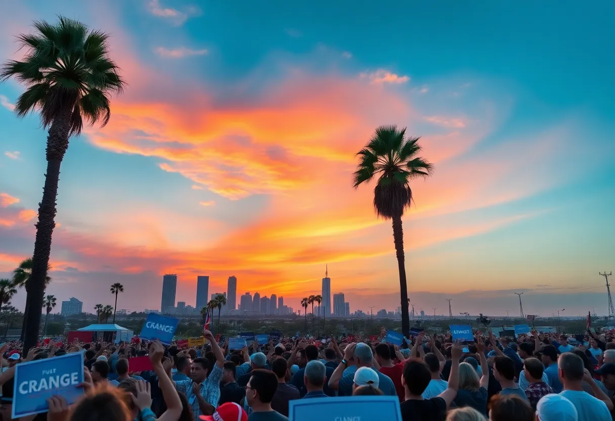 Political rally in California with a vibrant crowd and city skyline