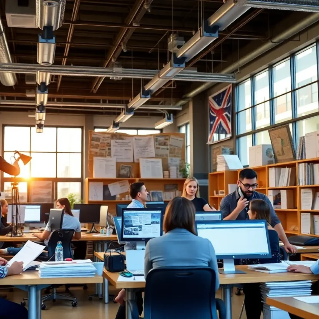 Newsroom setting of the California Post newspaper with journalists working.