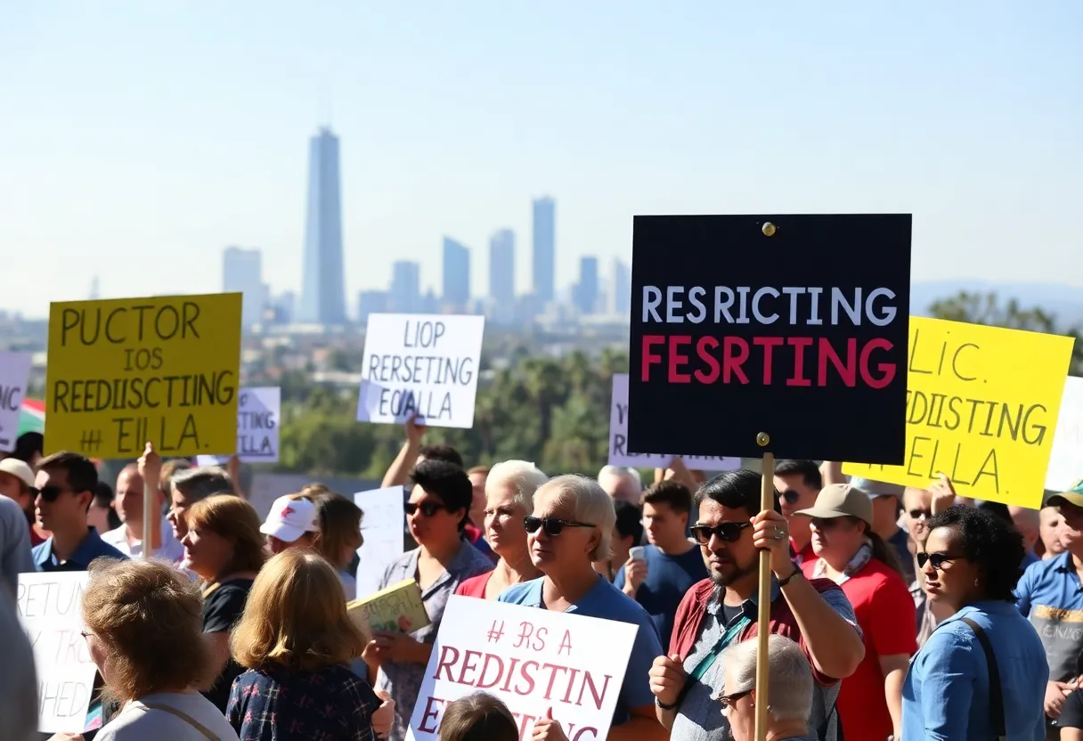 Citizens protesting California's redistricting plan with signs