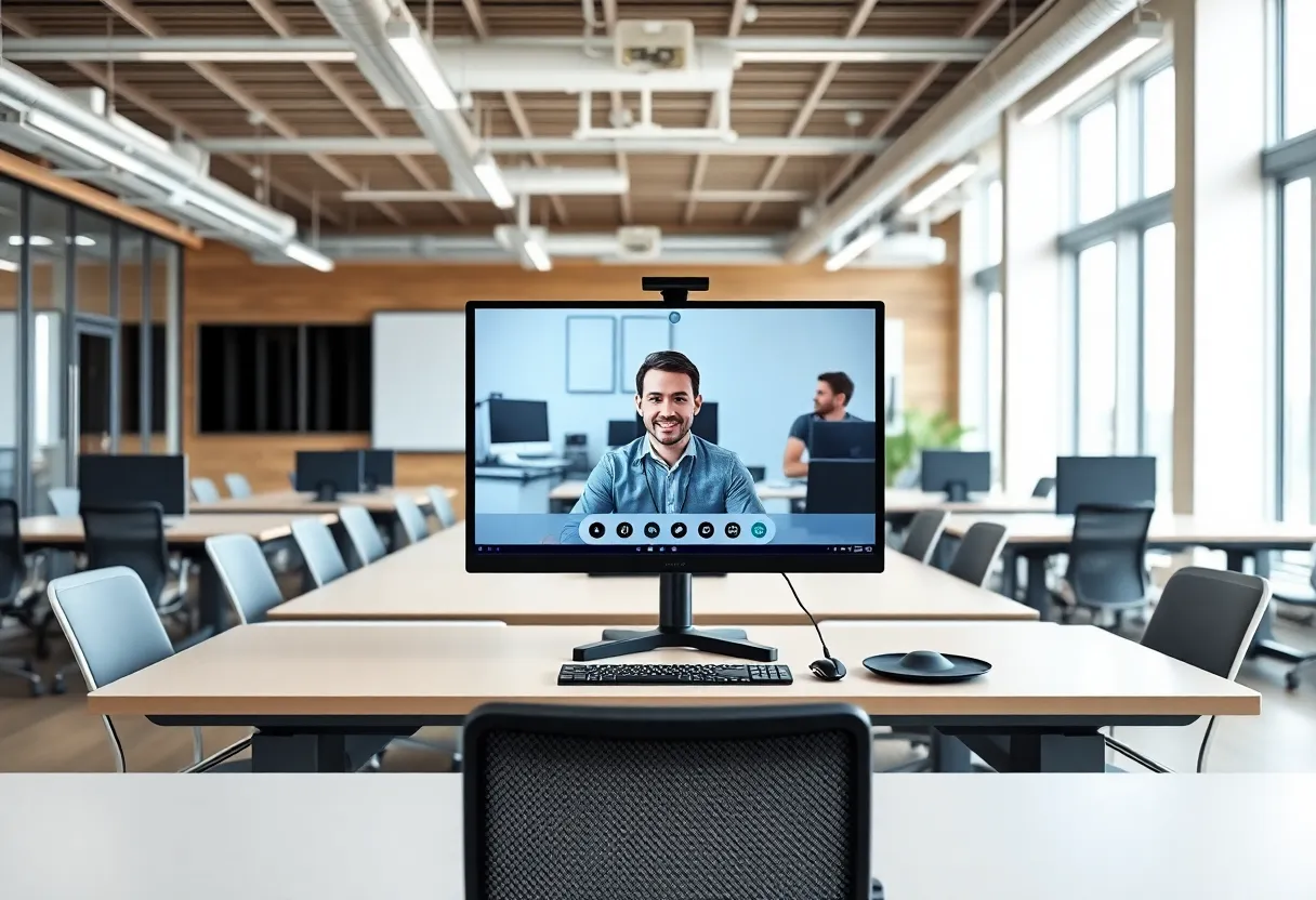 Modern office workspace with empty desks and a video call setup