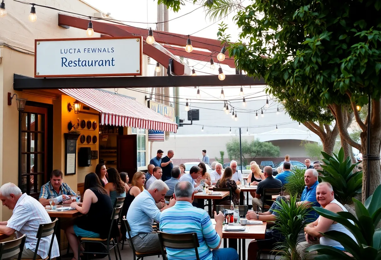 Outdoor dining at a busy California restaurant, highlighting community and local cuisine.