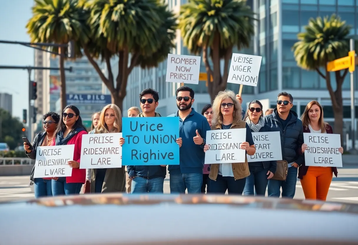 A diverse group of rideshare drivers advocating for their rights in California
