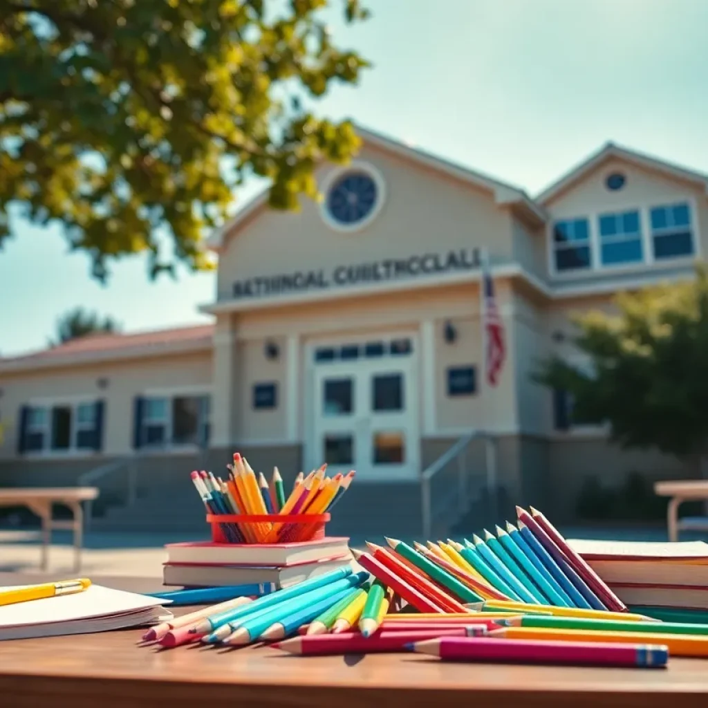 A colorful display of school supplies representing California schools preparing for the academic year.